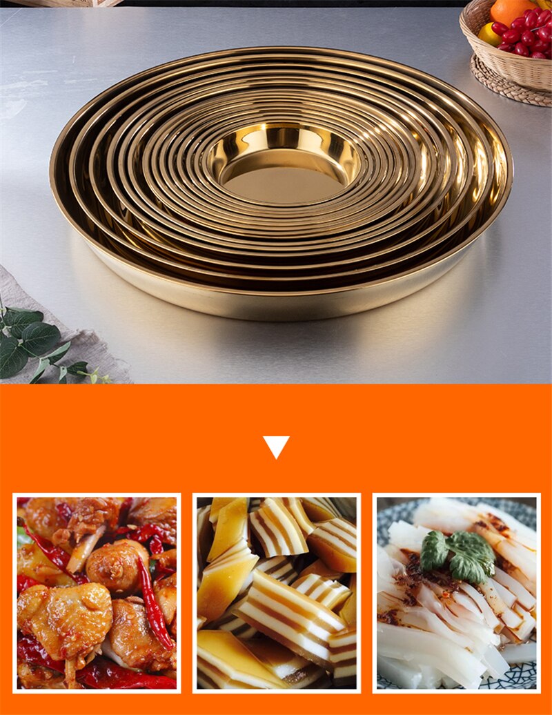 Thickened stainless steel disc metal pallet Large flat bottom deep plate Golden cake plate Restaurant plate plates set