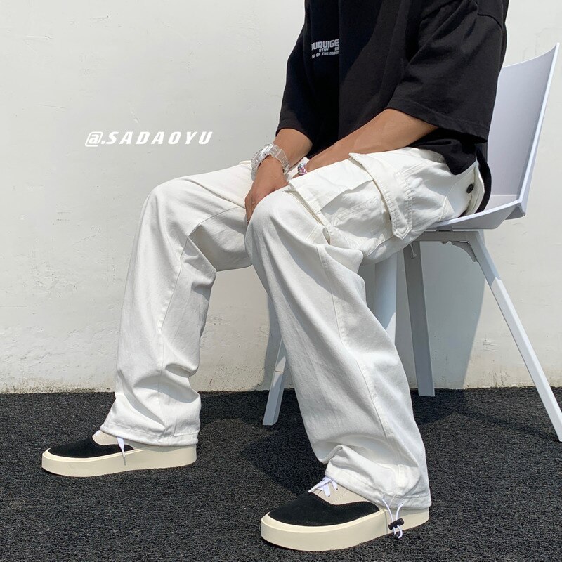 Pantalon Cargo en coton blanc et noir pour homme, multi-poches, décontracté, Streetwear, ample, Hip-hop, droit