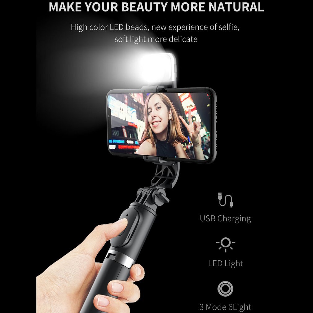 Selfie Stick Tripod Q02S 4.0 - 102cm Extendable with Fill Light & Remote for Smartphones