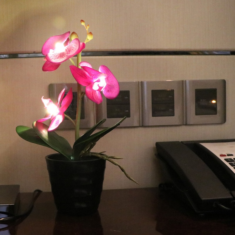 3 Led Batterij Verlichte Orchidee Bloem Bonsai Met 2 * Aa Batterij Pot, hoogte Van 25 Cm 3 Orchidee Bloemen Met Knoppen 9 Kleuren Beschikbaar