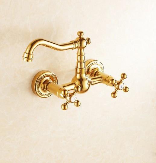 Luksus guldfarvet messing badeværelse køkkenvask håndvaskarmatur blandebatteri drejelig tud vægmonteret dobbelt krydshåndtag