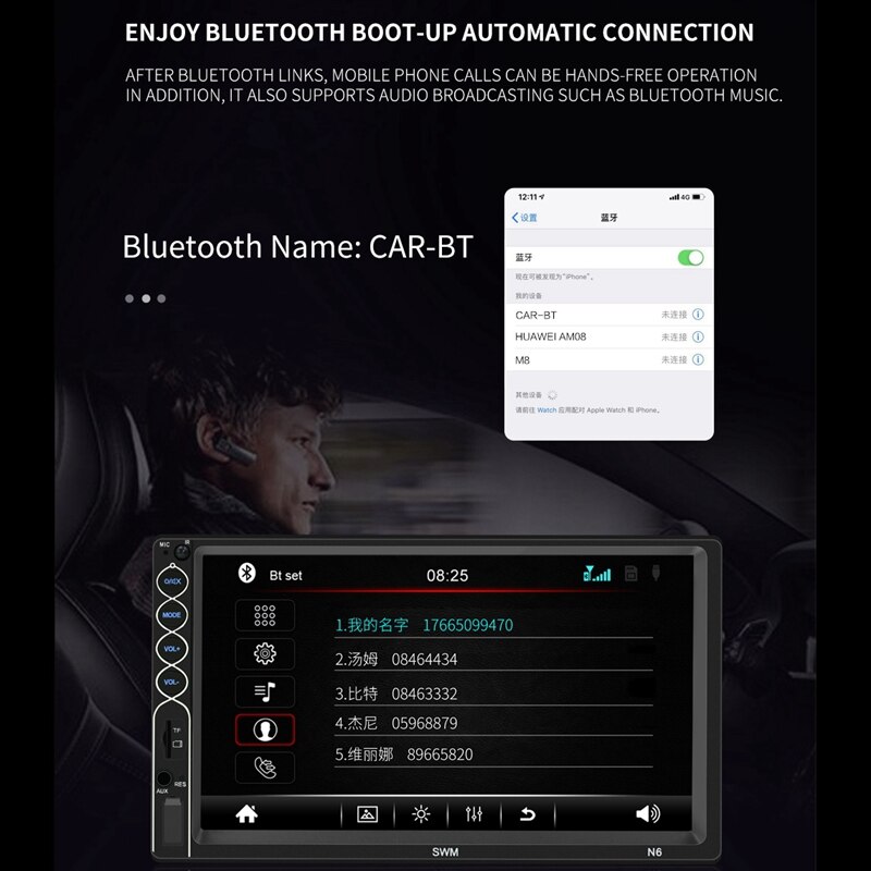 Pantalla de contacto de 7 pulgadas Radio de coche HD estéreo Bluetooth 12V 2 Din FM ISO entrada auxiliar Auto MP5 jugador TF USB