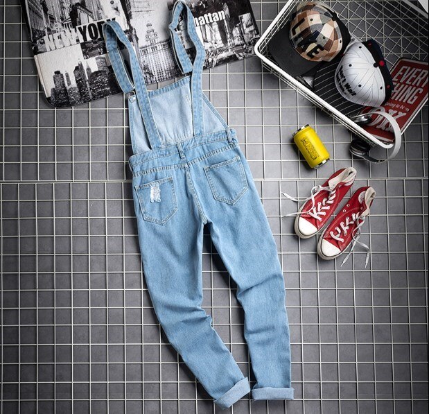 Mænd afslappet blå et stykke ærmeløs denim jumpsuit herre ripped jeans overalls lomme cowboy hip hop selebukser plus str.