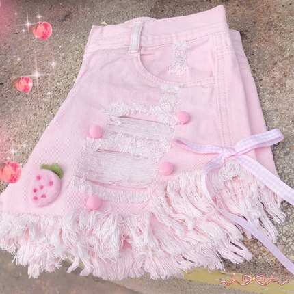 Sommar kawaii junior jeansshorts kvinnor korea hollow out korta shorts ins rosa vit rosett jeans feminino casual hål underdel: Rosa / L