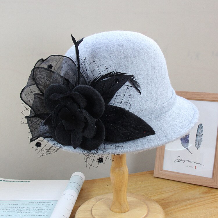 Sombreros de novia Vintage con flor de lana, tocado de pelo , sombrero de noche, velo de novia, accesorios de boda,