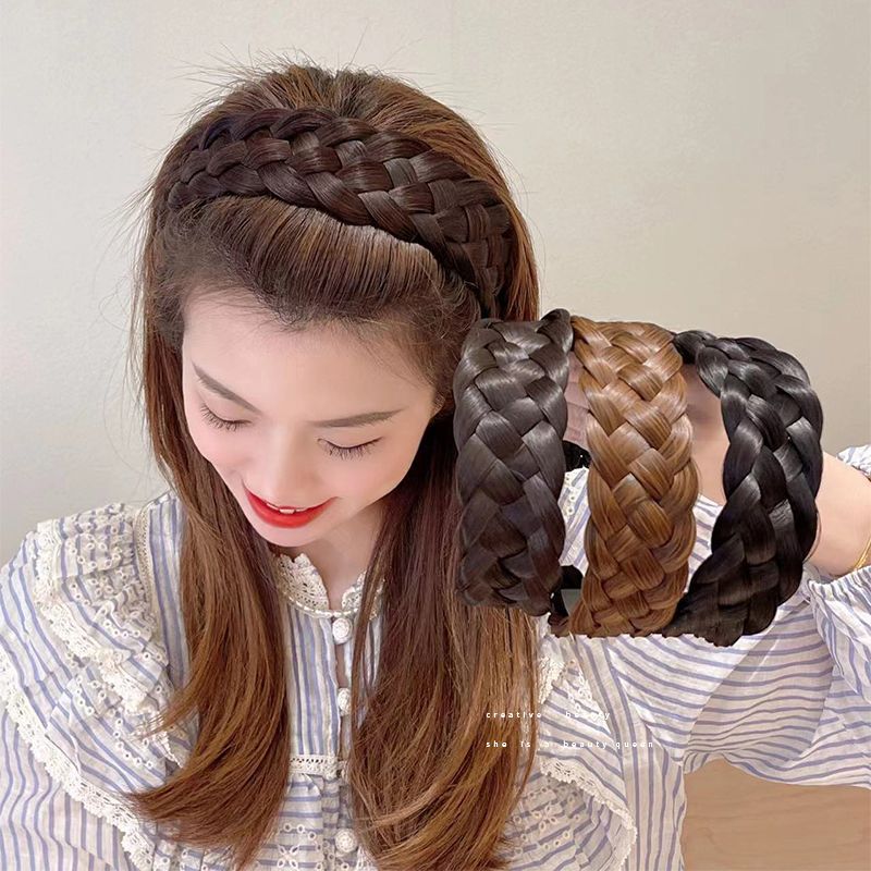Diademas trenzadas torcidas para mujer, 4,5 cm de ancho, peluca sintética ancha a la , diademas elásticas ajustables, postizos de peinado bohemio