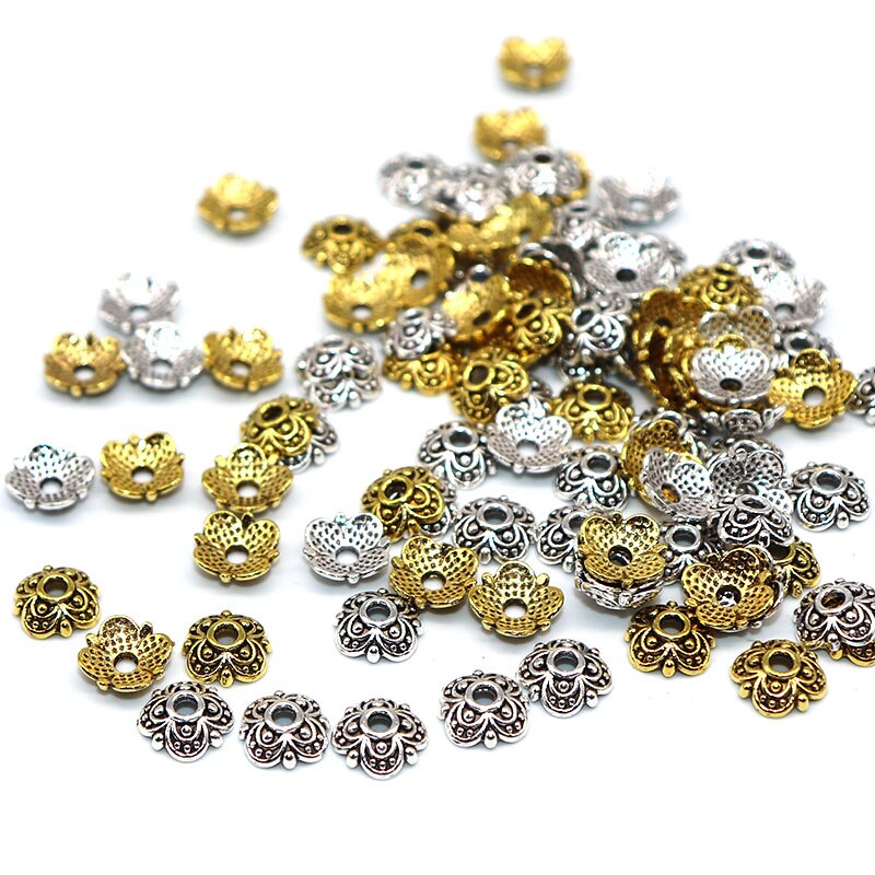 8mm 100/200 pces tampões do grânulo do metal tibetano chapeado de prata tampões do grânulo beadwork encantos do ofício para a jóia que faz os tampões dos grânulos da extremidade da flor: Mixed / 100pcs