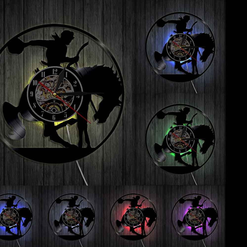 Westlichen Nacht Licht Cowboy Zauberstab Lampe Horsebreaker Sattel Pferd Vinyl aufzeichnen Wanduhr Dekorative Jahrgang Zauberstab Kunst Hängen Uhr: mit LED