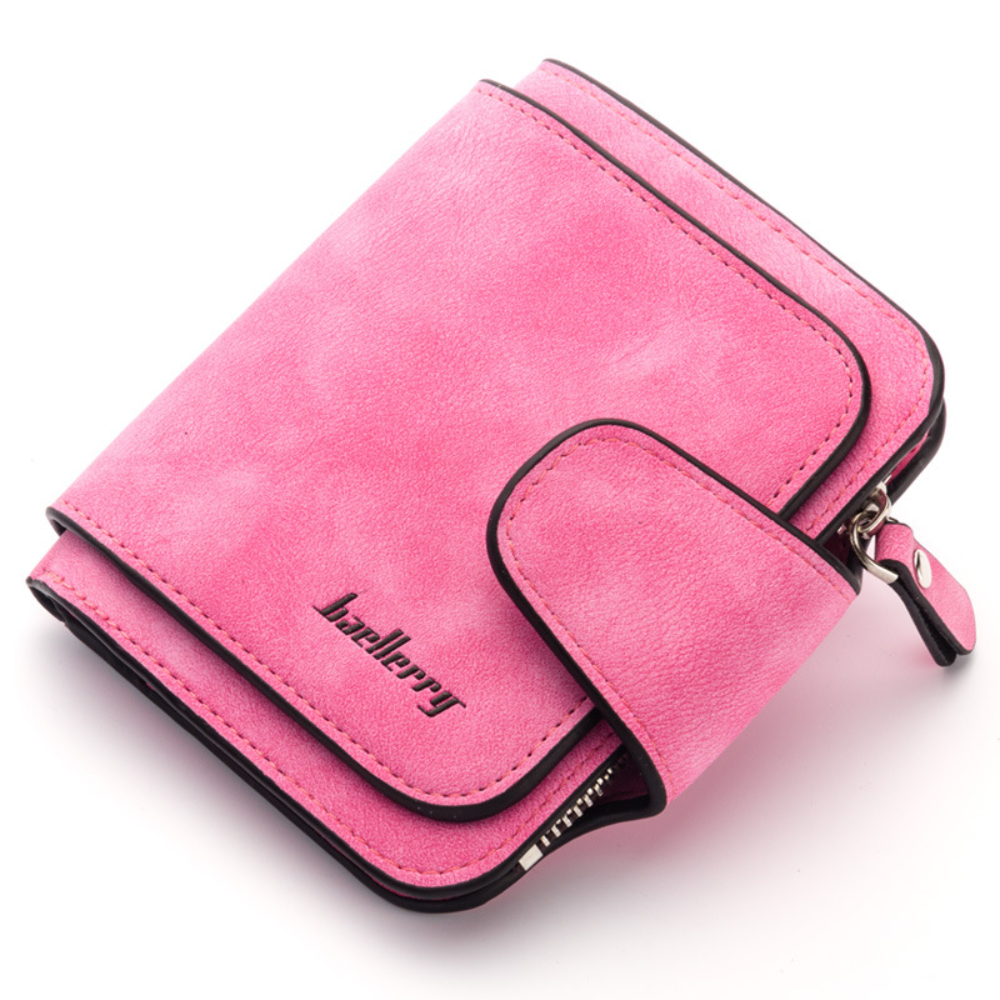 Buckle Abrasive Leather PU Women's Short Wallet Casual Trifold Purse Multi-Card Holder Coin Purse: Pink