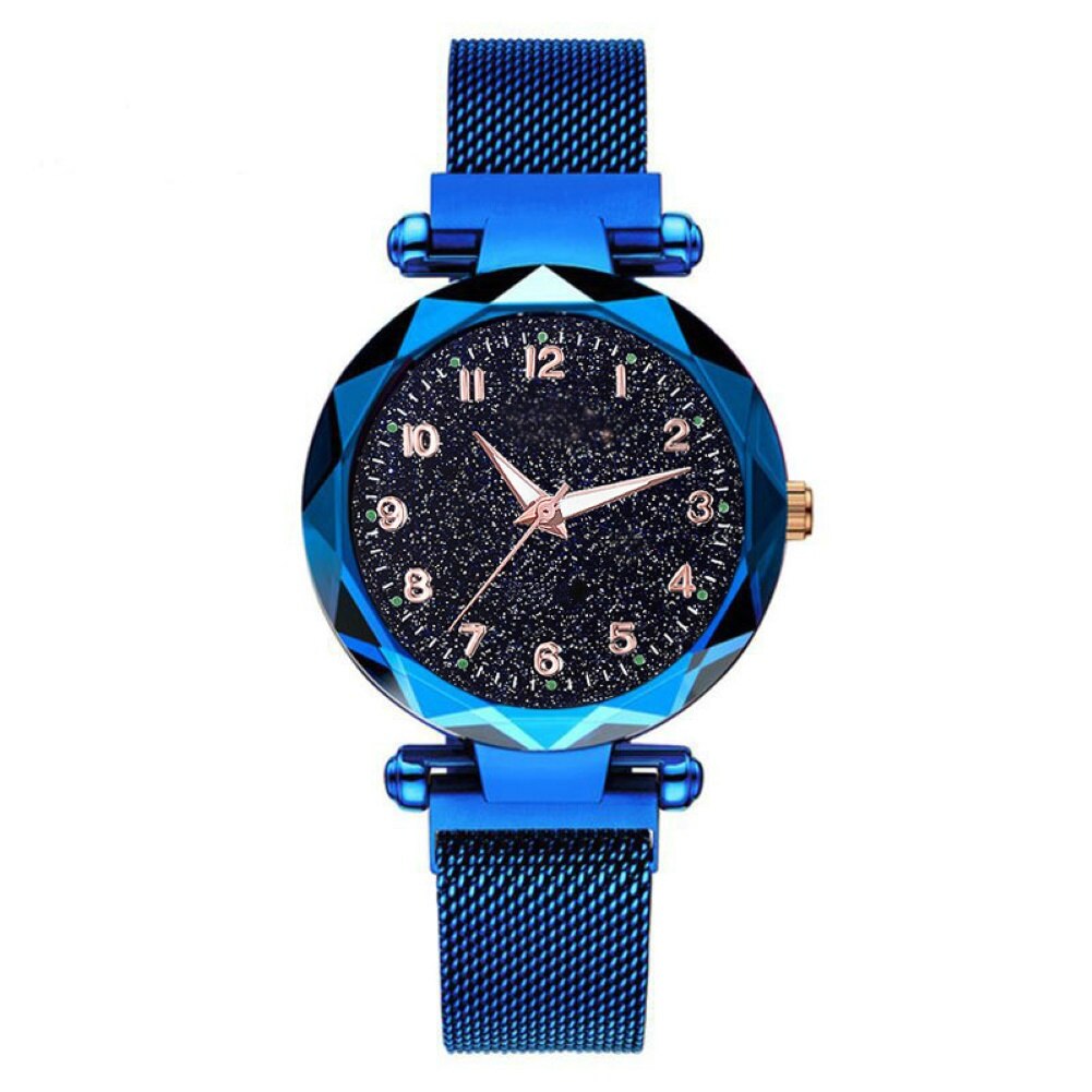 Women watch wild Starry Round Dial sky numeral Milan Magnetic Clasp Ladies Geometric Roman Numeral Quartz Analog Watch: Blue