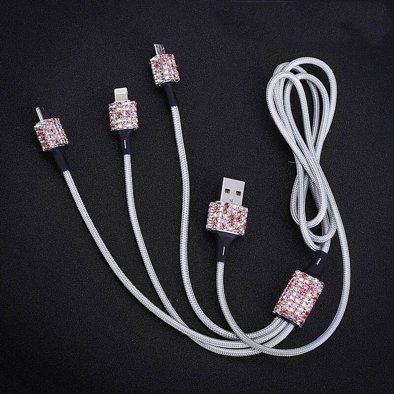 Diamond crystal 3 in 1 usb-kabel for iphone ladelader datakabel type c type-c mikro usb-kabel for samsung xiaomi wire: Rosa
