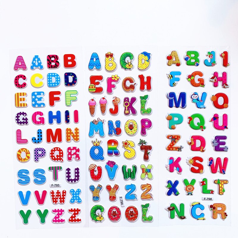 6 Sheets 3D Cartoon Stickers Waterproof Bubble PVC DIY Sticker Number Alphabet Girls Boys Kids Children GYH