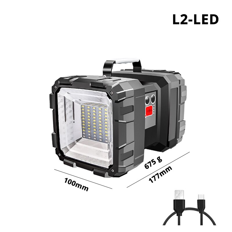 Oplaadbare Super Heldere Led Zoeklicht Dubbele Hoofd Led Zaklamp Spotlight Met Xhp 70.2 Lamp Kraal Waterdicht Camping Licht: L2-LED