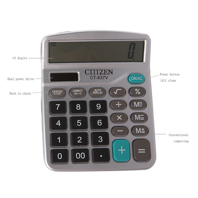 12-Digit Electronic Calculator Battery Solar Powered LCD Large Display CT-837V 28GE