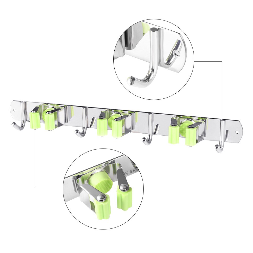 Broom Mop Holder Wall Mount Organizer Stainless Steel Heavy Duty Tools Hanger 3 Racks 4 Hooks Kitchen Bathroom Closet Garage