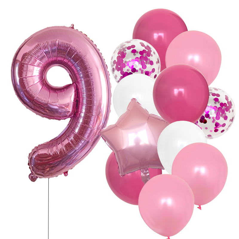 12pcs Girls First Birthday Party Balloons Pink Number Baloon Birthday Decoration Girls 1 2 3 4 5 6 7 8 9 Years Party Supplies