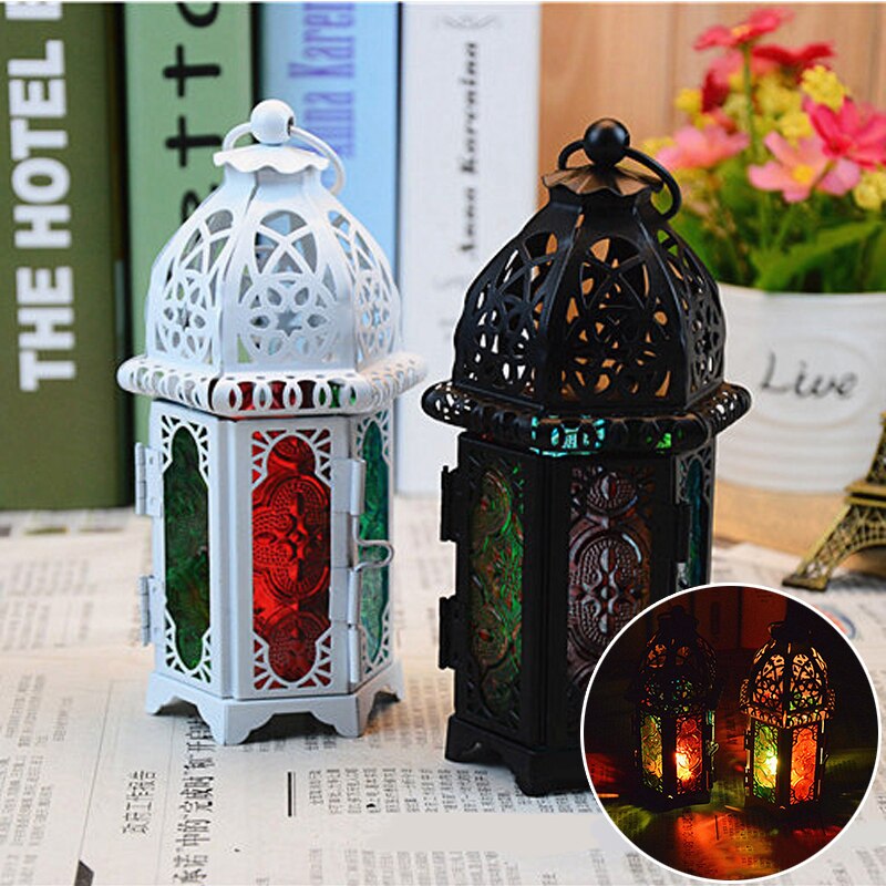 Negro/Blanco farol marroquí té luz vela titular caja colgante decoración