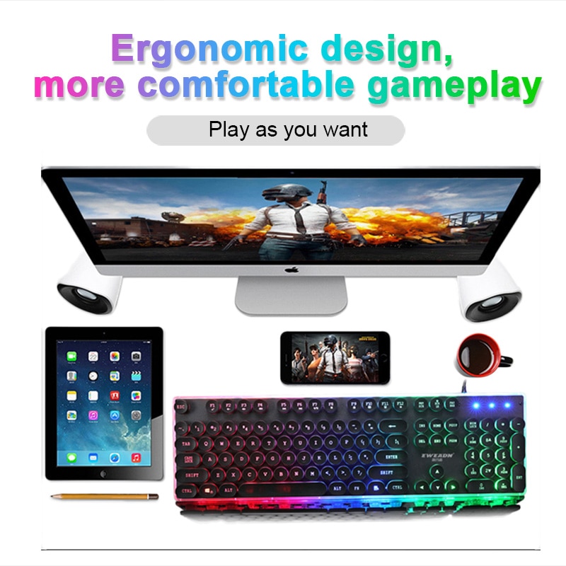 Wired Gaming Keyboard Retro Round Glowing Keycap Metal Panel Backlit USB 104 Keycaps For Computer Tablet Desktop Game Keyboards