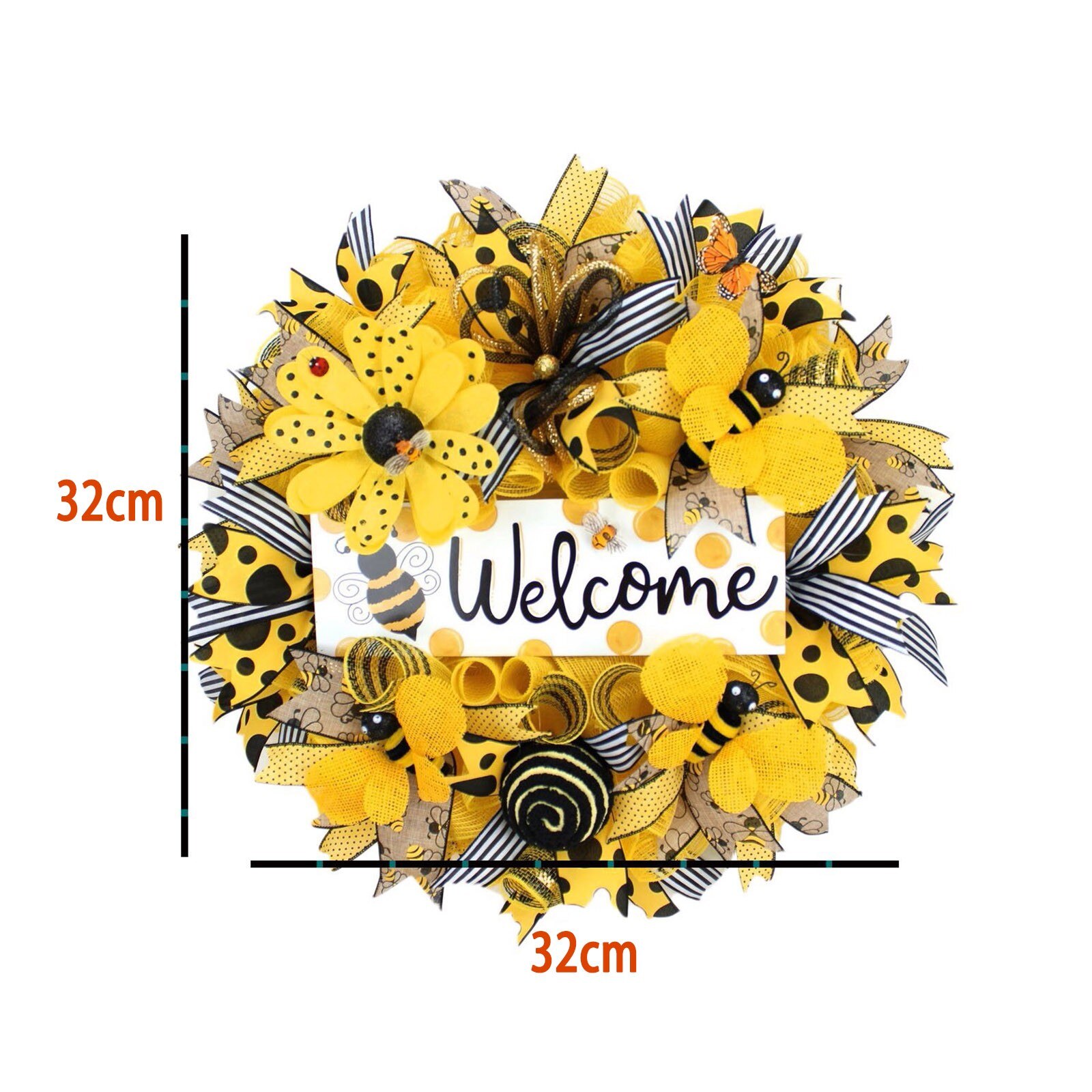 Happy Bee Day Artificial Wreath Welcome Signs Garden Decoration Countryside Style Bumble Bee Sunflower Outdoor Door Wall Decor