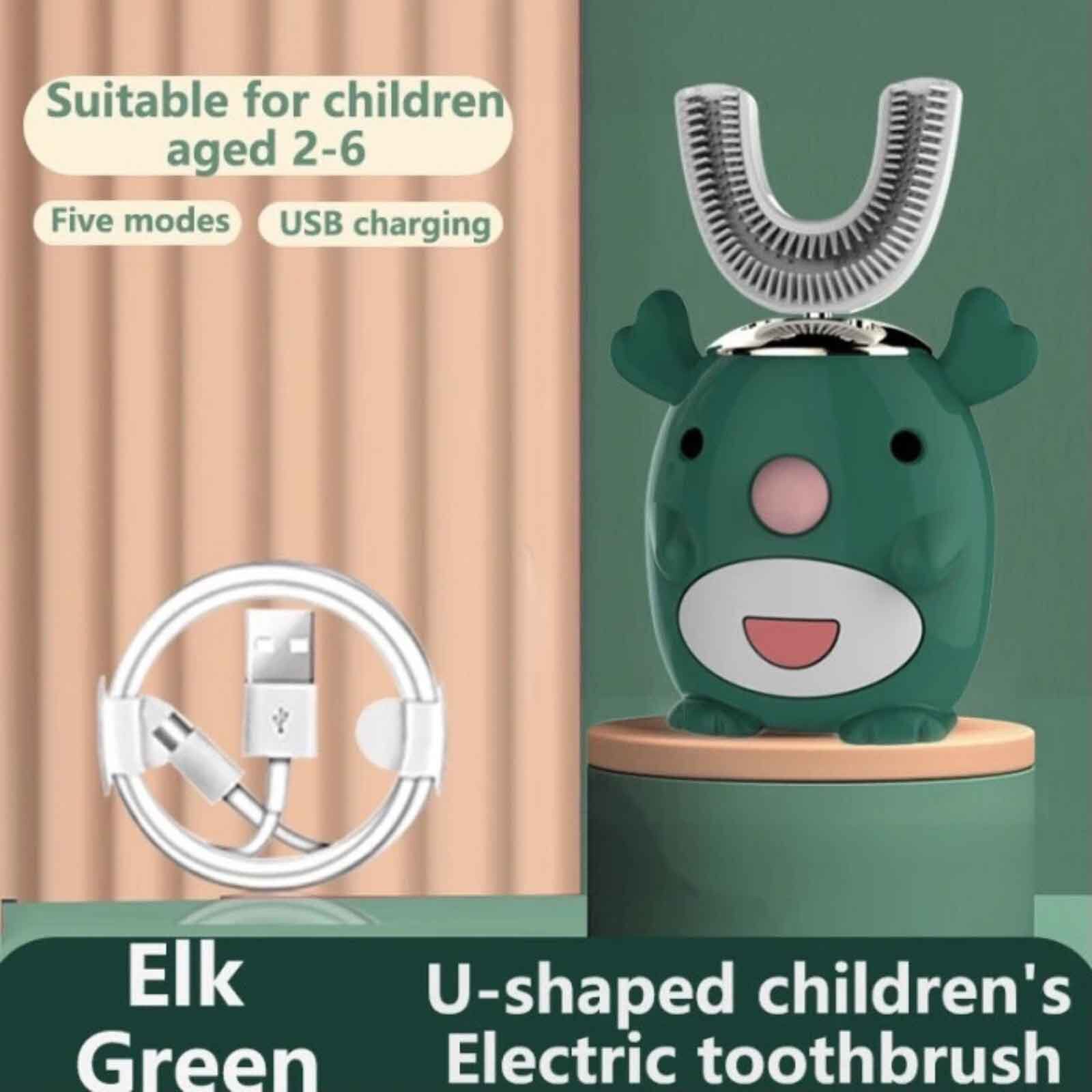 Smart 360 Graden U Elektrische Tandenborstel Kids Silicon Automatische Ultrasone Tanden Tandenborstel Cartoon Patroon Kinderen # T2G: Green  