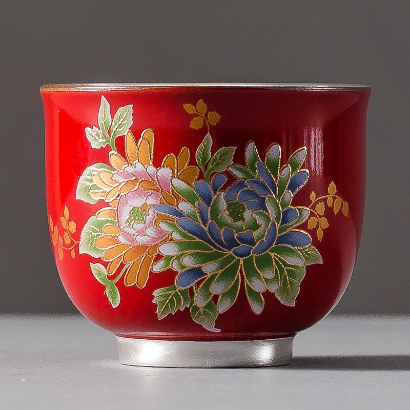 Taza de té dorada de plata 999, vaso Maestro de cerámica, flor a la parrilla, lámina dorada, taza de té Kung Fu: H