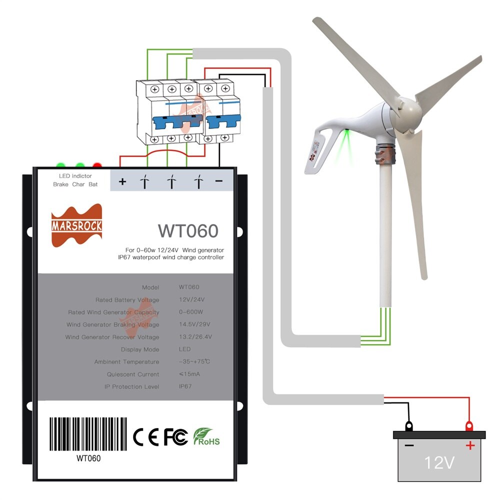 600W 12V 24V Auto IP67 Wind Turbine Generator Lading Ontlading Controller Windmolen Rem Regulator Voor 400W 600W Wind Generator