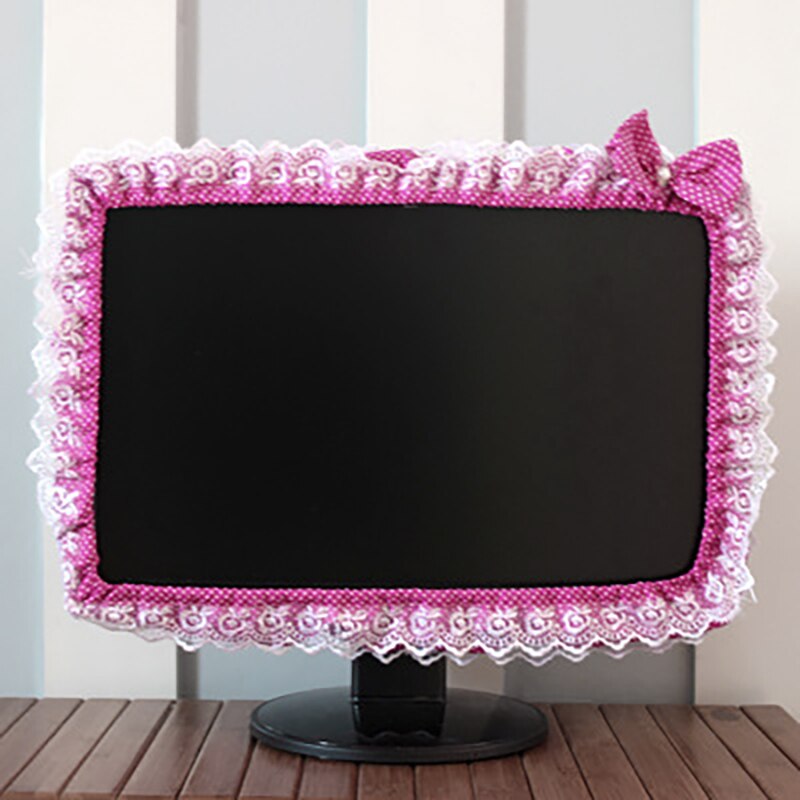 Lace Fabric Computer Frame Cover Monitor Screen Dust Cover With Elastic Pen Pocket Bow Home Decorations: Rose red / 17-22 inches