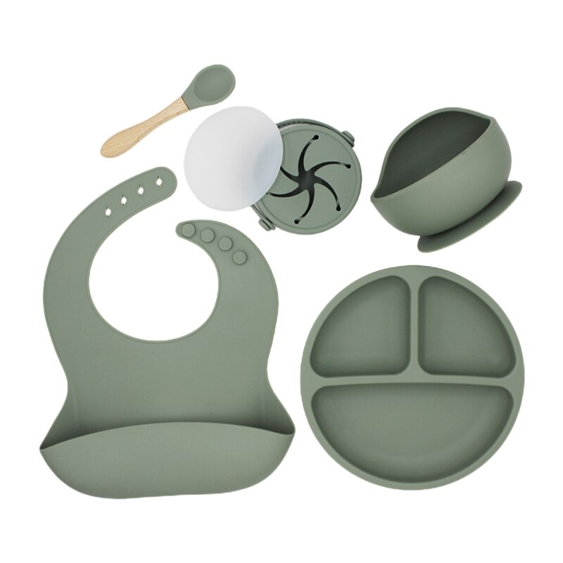 5 Pcs Baby Bibs Drooling Burp Aprons+Suction Dish Bowl+Sucker Dinner Plate+Spoon+Cup Set Silicone Tableware Kit: 2SS902449-AG