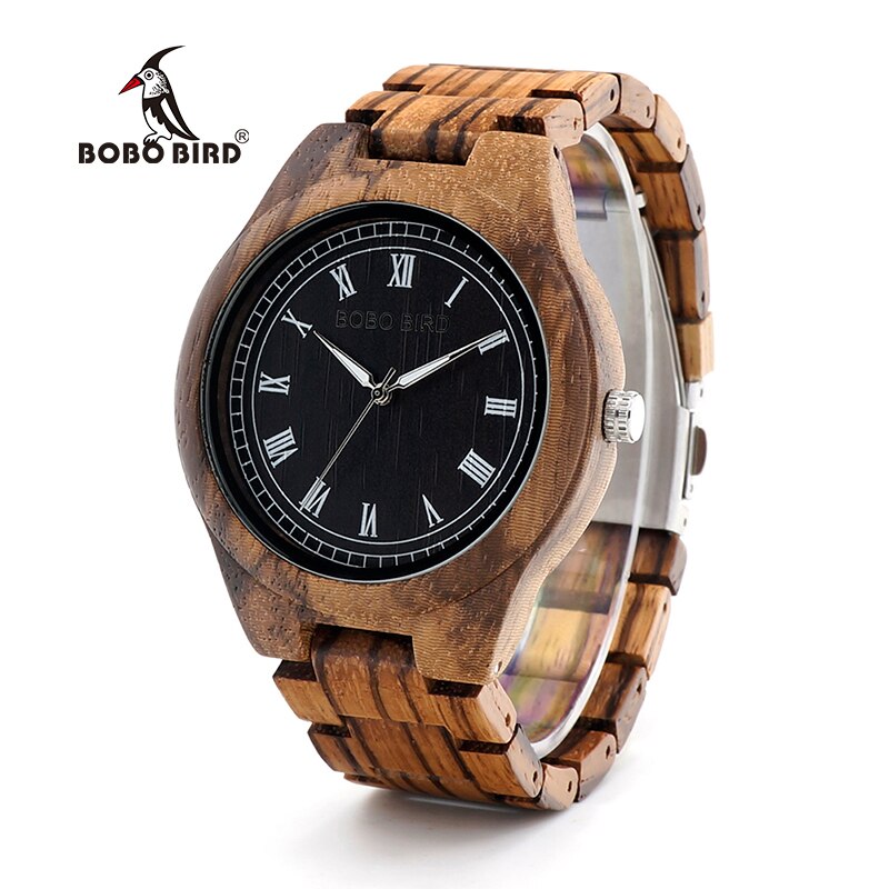 Bobo Vogel WO18O19 Hout Horloge Ebbenhout Zebra Houten Horloges Voor Mannen Wit Romeinse Aantal Quartz Horloge Met Tool Voor Aanpassen size