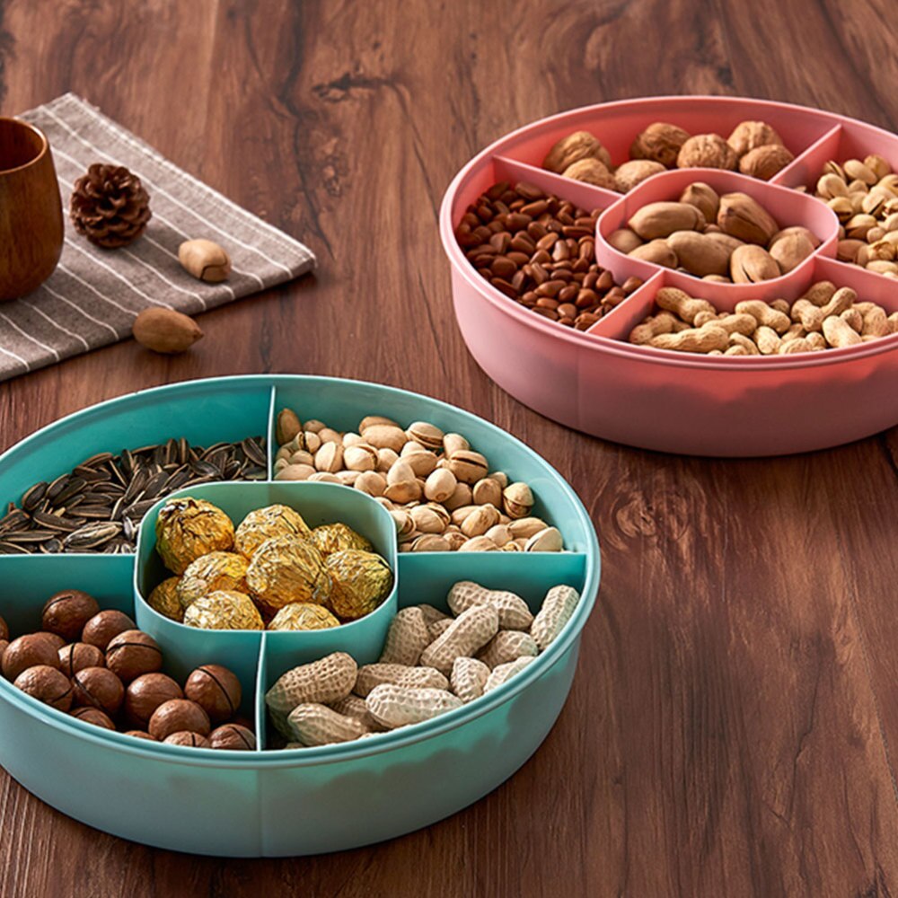 Cute Snack Serving Container Appetizer Tray Round Dried Fruit Organizer Divided Candy Nut Platter Dish with Lid (Blue)