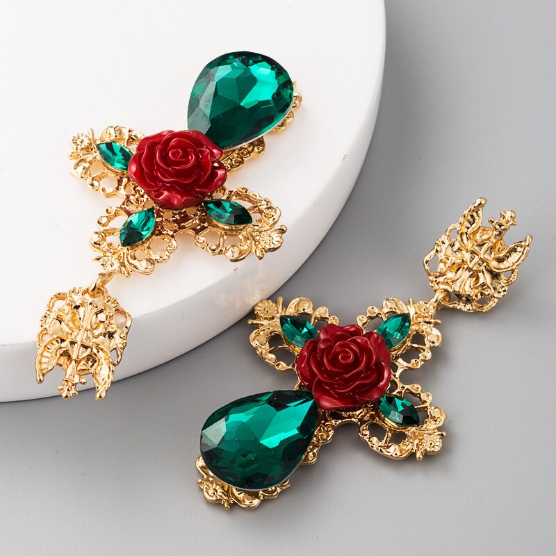 Za gothic statement oorbel voor vrouwen rood groen grote rozenbloem gouden kruis etnische feest oorbel