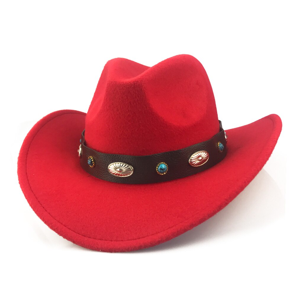 Yy retro vestlig cowboyhatt vinter med bredt metall pu lærbelte trilby caps menn kvinner rullebrett fedora jazz panama  yy20073: Rød cowboy retro