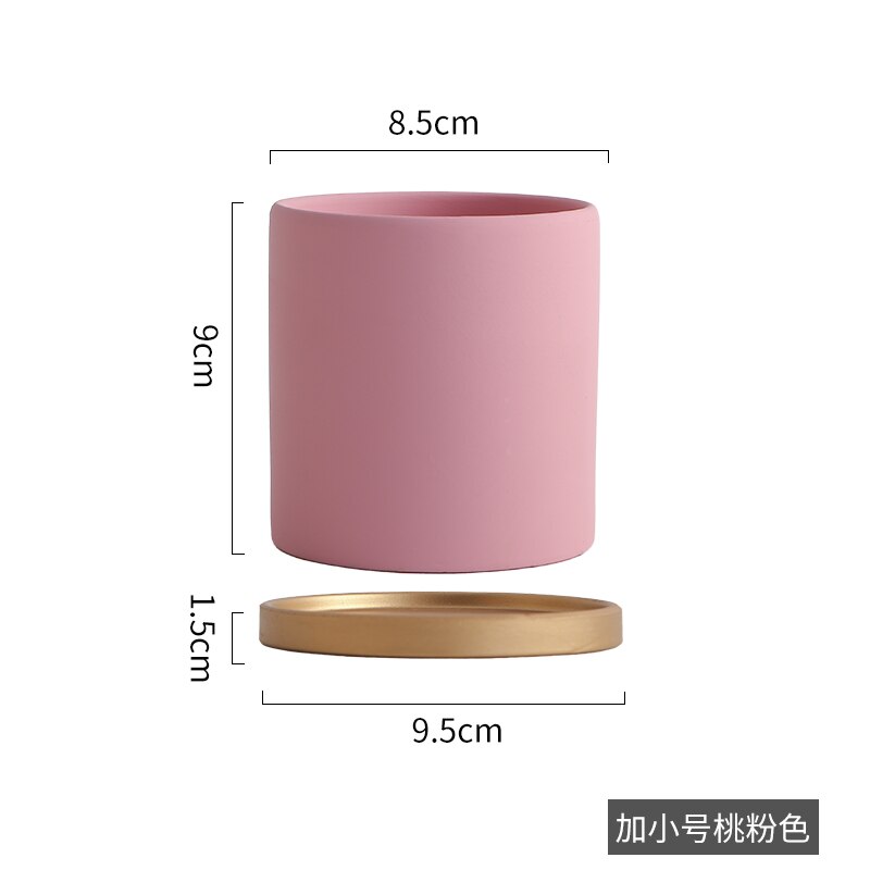 Eenvoudige, rechte, kleurrijke, cilindrische, keramische bloempot in europese stijl, vetplanten, bloemen, groene dillepot met gouden schaal: G-  -8.5cm