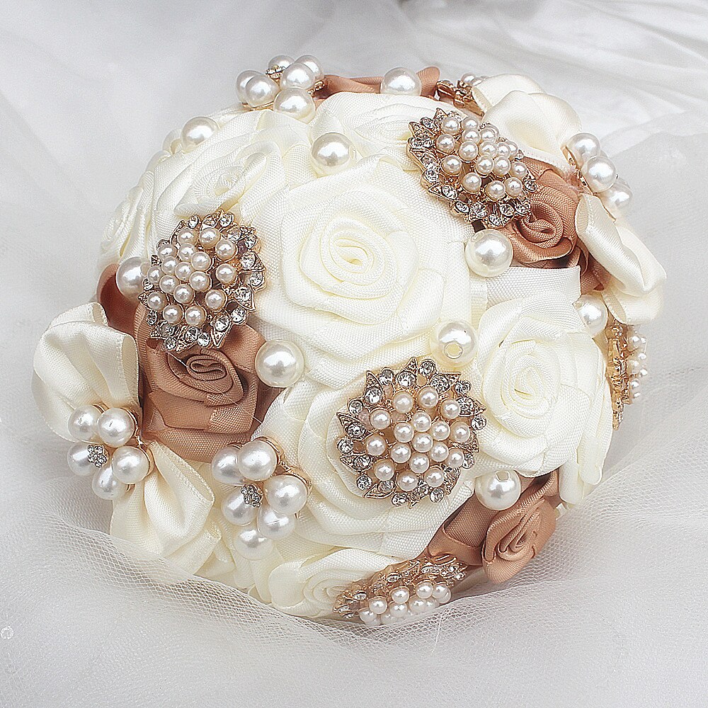 Bouquet de mariage broche diamant de , 15cm, rubans à fleurs de mariage, demoiselle d'honneur, Bouquets de mariage en cristal 8 Styles: W178 ivory khaki