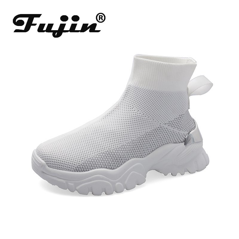 Fujin tykk joggesko pustende kvinner fast kile fjær høy topp sokker sko dame tykk bunn sko dame