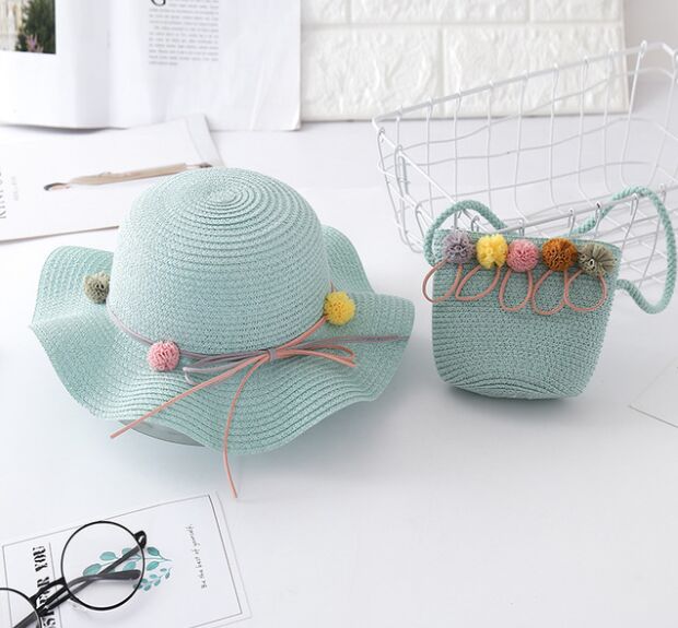 Chapeau et sacs en paille à fleurs pour enfants, ensemble deux pièces décontracté pour filles, sac à bandoulière + chapeau de soleil pour bébé, plage, panama, gorros: Style  C
