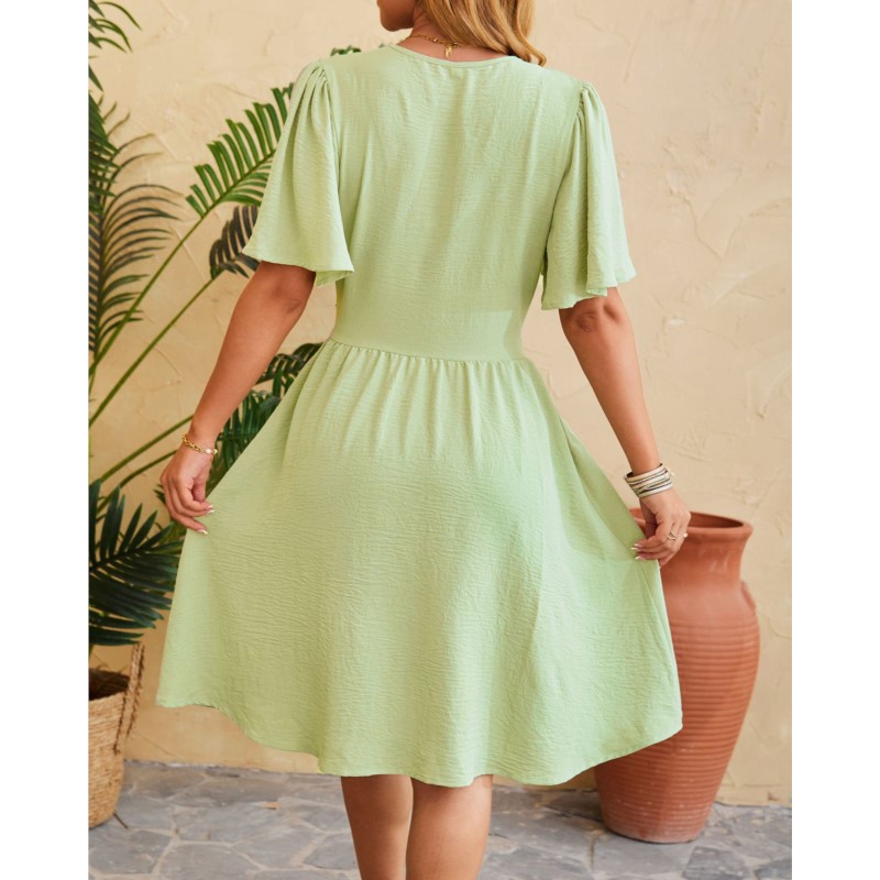 Forår/sommer v-hals kjole med flare ærmer til kvinder slim fit ensfarvet knælang kjole vestidos femme