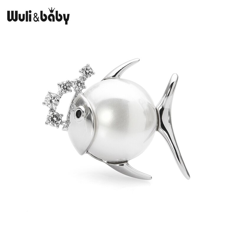 Wuli&baby Cute Magnet Fish Brooches For Women 2-color Czech Rhinestone Pearl Fish Office Causal Brooch: silver