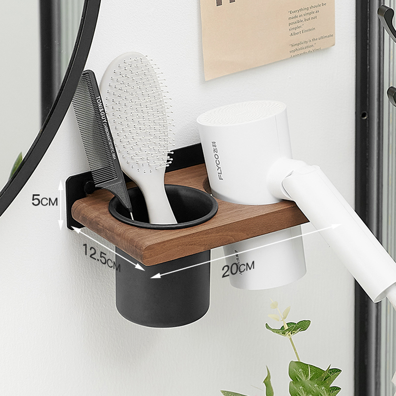 Bathroom Wall Mount Hair Dryer Holder Hair Care & Styling Tool Organizer, Farmhouse Wooden Beauty Hair Appliance Holder: black