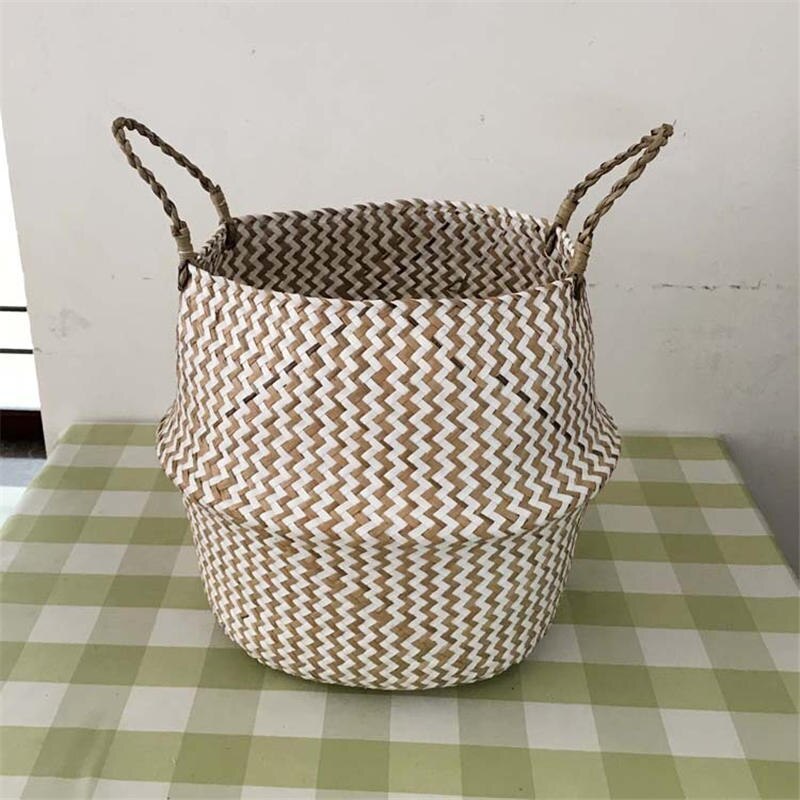 Opvouwbare Handgemaakte Zeegras Opslag Mand Rieten Rotan Buik Straw Tuin Bloempot Golf Patroon Planter Kleren Mand: Beige / 23cm