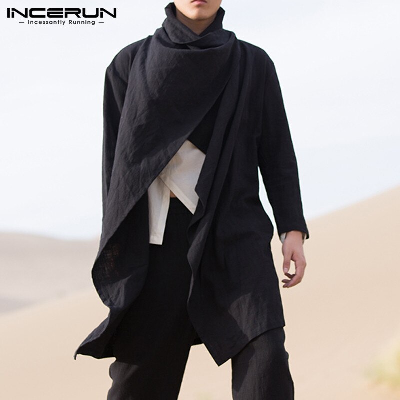 Incerun Vintage Mannen Jassen Katoen Coltrui Onregelmatige Geul Poncho Casual Lange Mouw Mantel Effen Straat Jassen Heren Bovenkleding