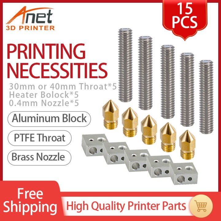 Piezas de impresora 3D, 15 unidades/lote, extrusora MK8 de 0,4mm, boquilla de latón + Tubo de garganta de 30mm/40mm + bloque calentador M6, Hotend para Anet A8 y A6