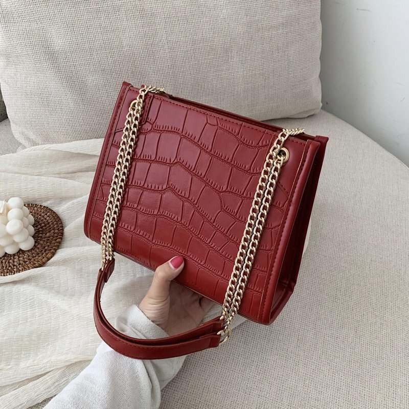 Stenen patroon kleine pu leren schoudertassen voor vrouwen dames crossbody tas dames handtassen ketting handtas: Rood