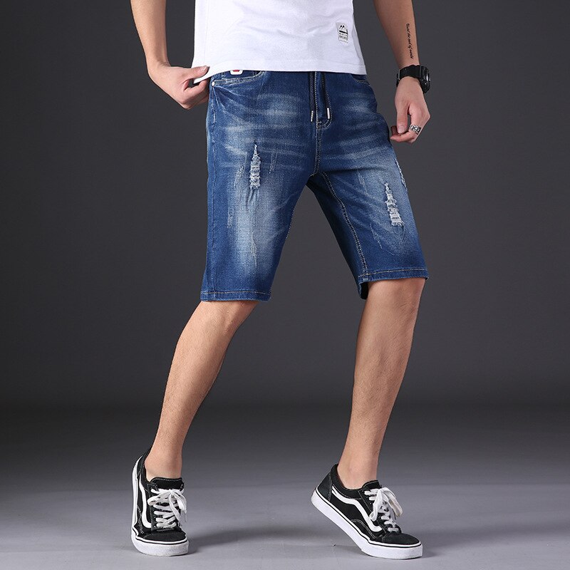 Stor størrelse 5xl 6xl 155kg denim jeans mænd shorts halv jeans løs denim afslappet flået shorts sommer hul elastik til fed broder: 4xl (110kg-125kg)