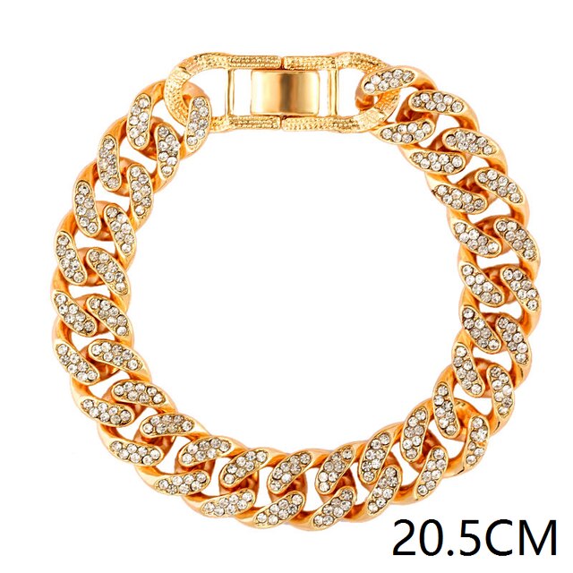 15mm Bling Strass Hip Hop Cuban Link Kette Armbänder für Frauen Männer Iced Out Volle Kristall Rapper Hand Kette luxus Schmuck: 007801GD