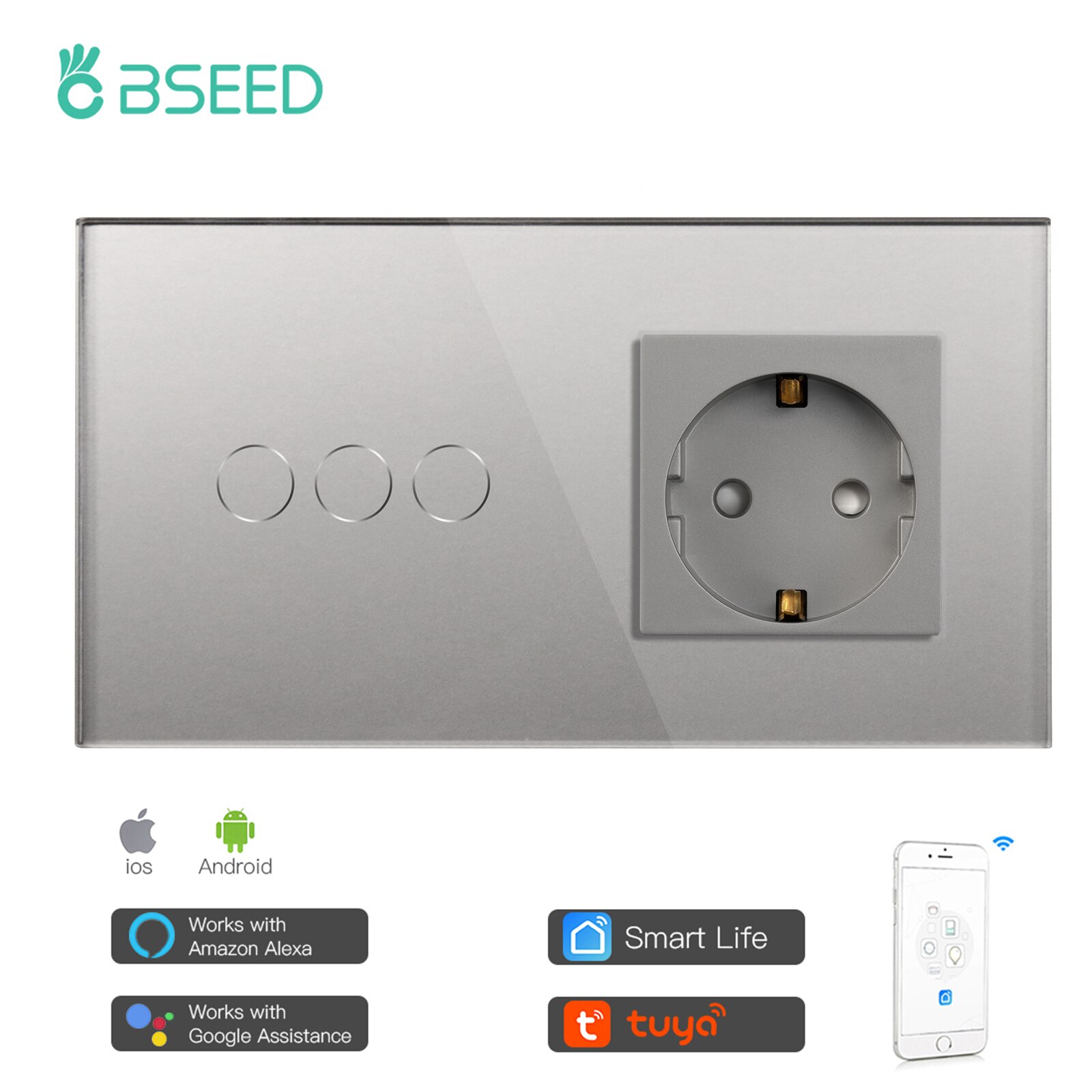 Bseed Mvava Wifi Touch Switch 1Gang 2Gang 3Gang Met Normale Eu Socket Zonder Wifi 3 Kleur Kristal glazen Paneel Smart Switch Alleen: Grey 3 Gang