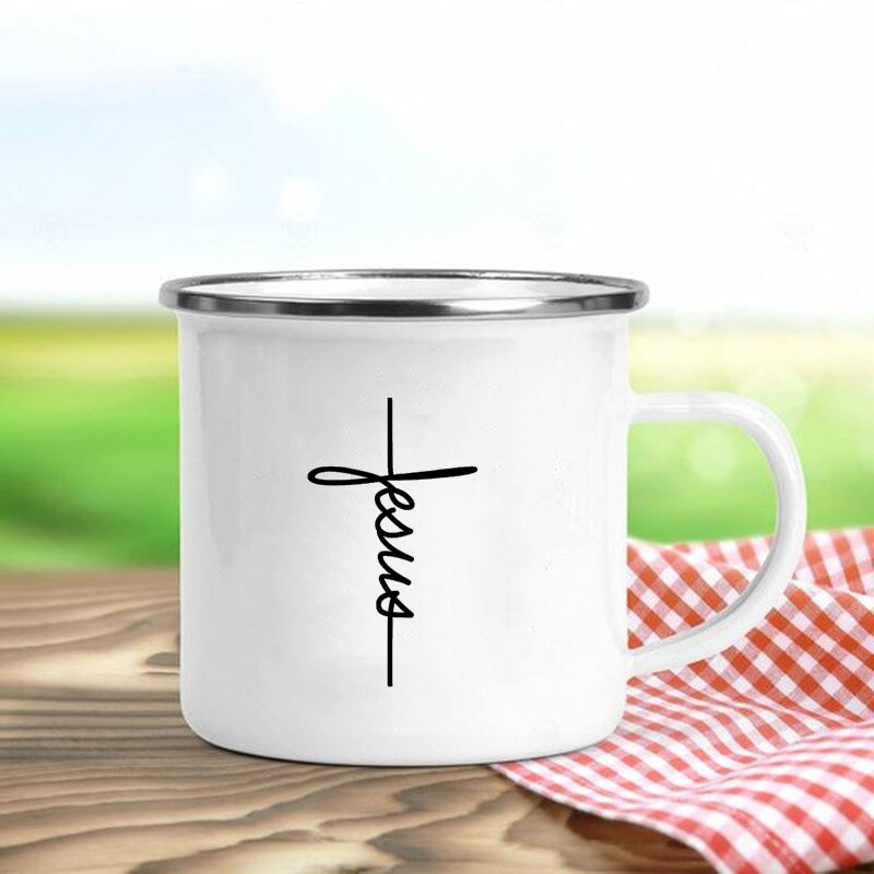 Jésus est dieu imprimer tasses en émail chrétien tasses à café boisson Dessert petit déjeuner lait tasse Vintage tasse poignée Drinkware: Bourgogne