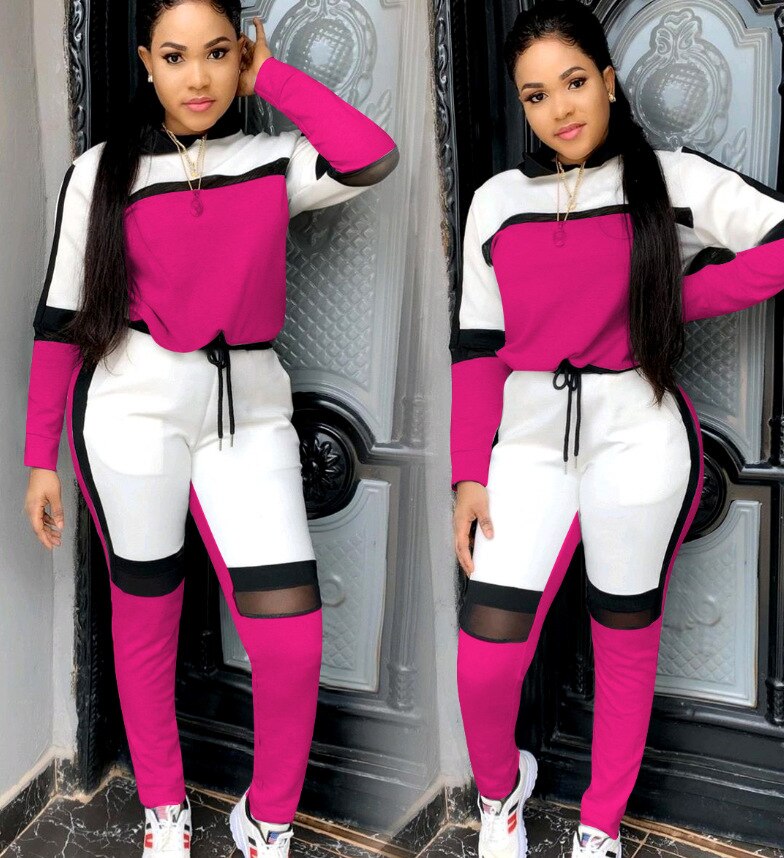 autumn winter women long-sleeved sweater top joggers pants suit two pieces set sportswear tracksuit outfit: Fuchsia / M