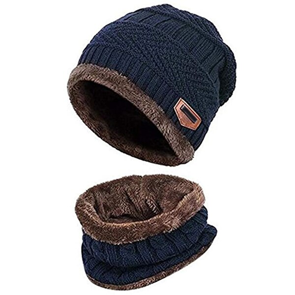 Winter Warm Beanie Hat Scarf Gloves Set Unisex Winter Warm Knitted Beanie Hat Neck Glove for Men Women XRQ88: Navy blue 2 piece