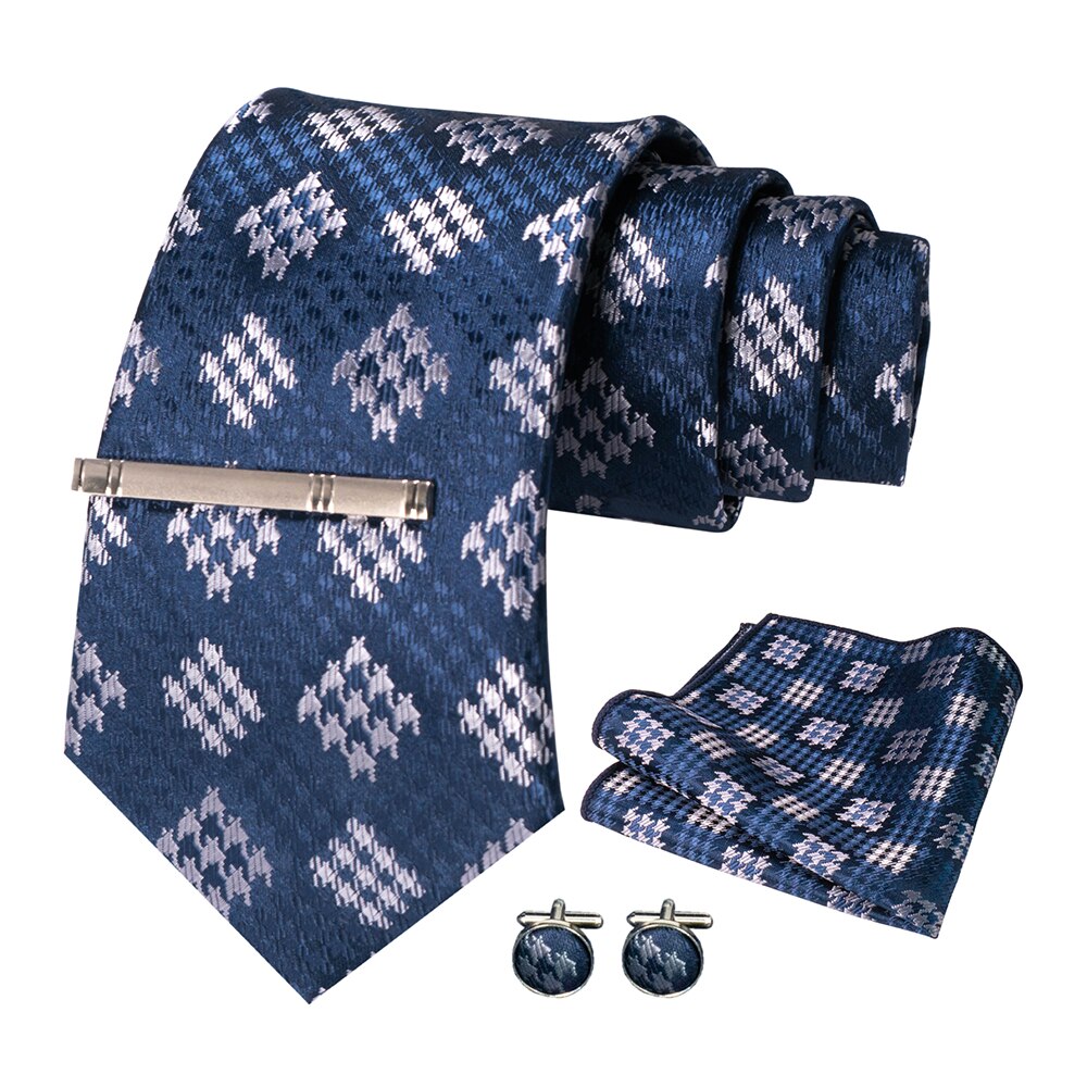 JEMYGINS – cravate en soie pour hommes, ensemble de boutons de manchette, à carreaux, rayures, bleu marine, 100%: 006